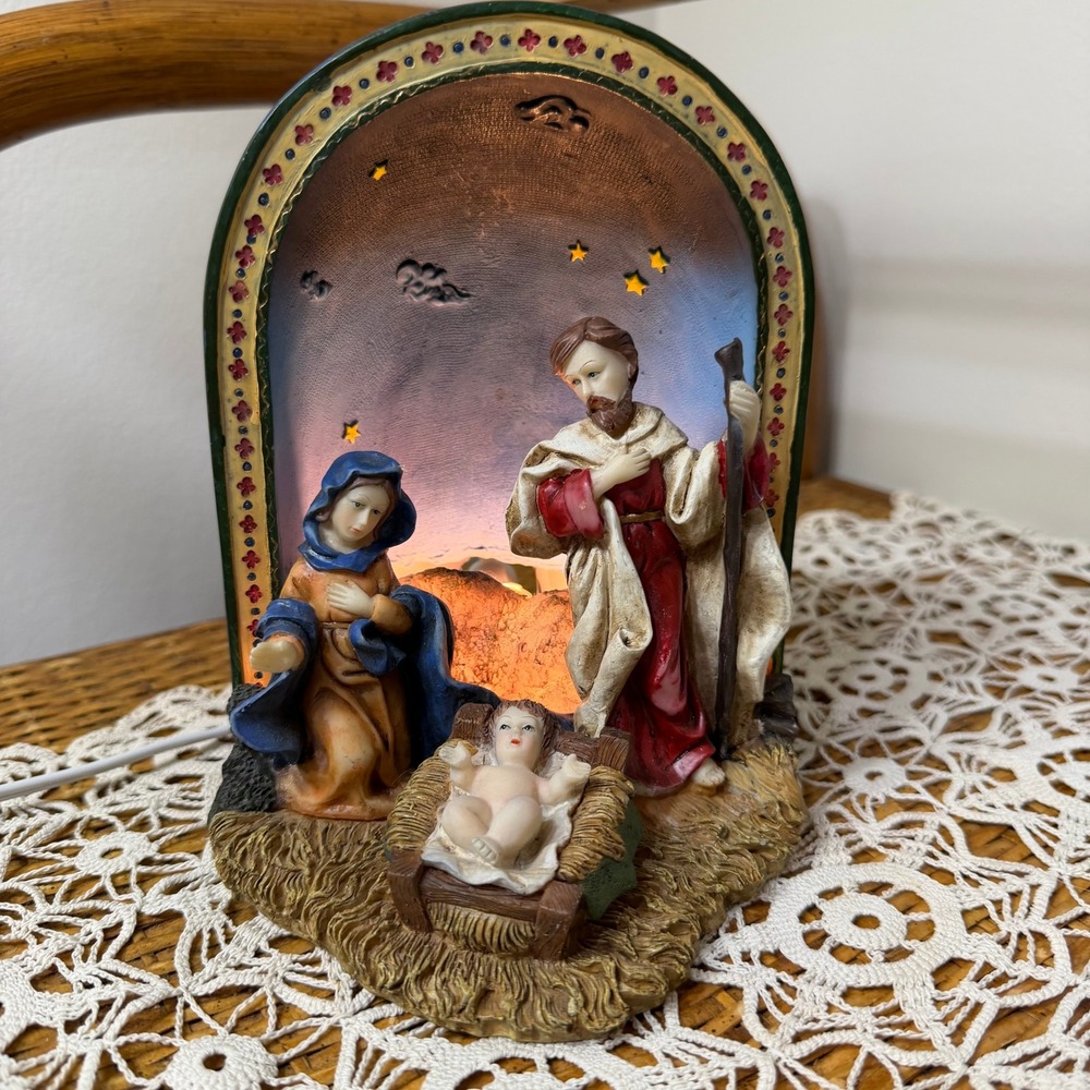 Vintage Autom Nativity Plug In Night Light Holy Family Resin Arched Grotto